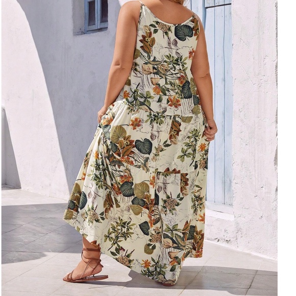 Plus Floral Tropical Print HIgh Waisted Flowy Cami Maxi Dress - Picture 5 of 7